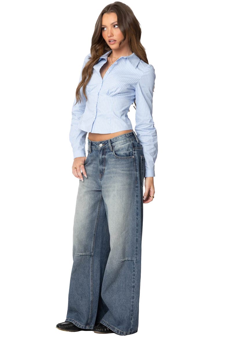Pinstripe Tailored Cotton Poplin Button-Up Shirt, Alternate, color, LIGHT-BLUE