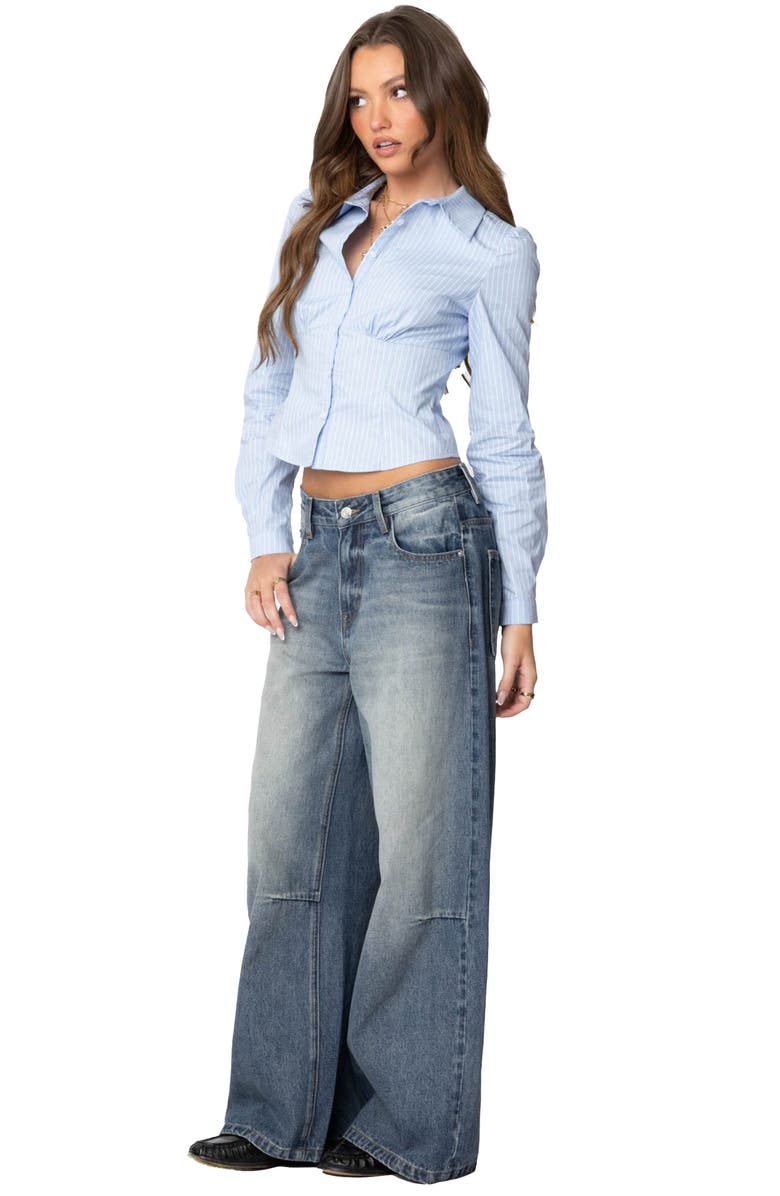 EDIKTED Pinstripe Tailored Cotton Poplin Button-Up Shirt, Alternate, color, Light-Blue