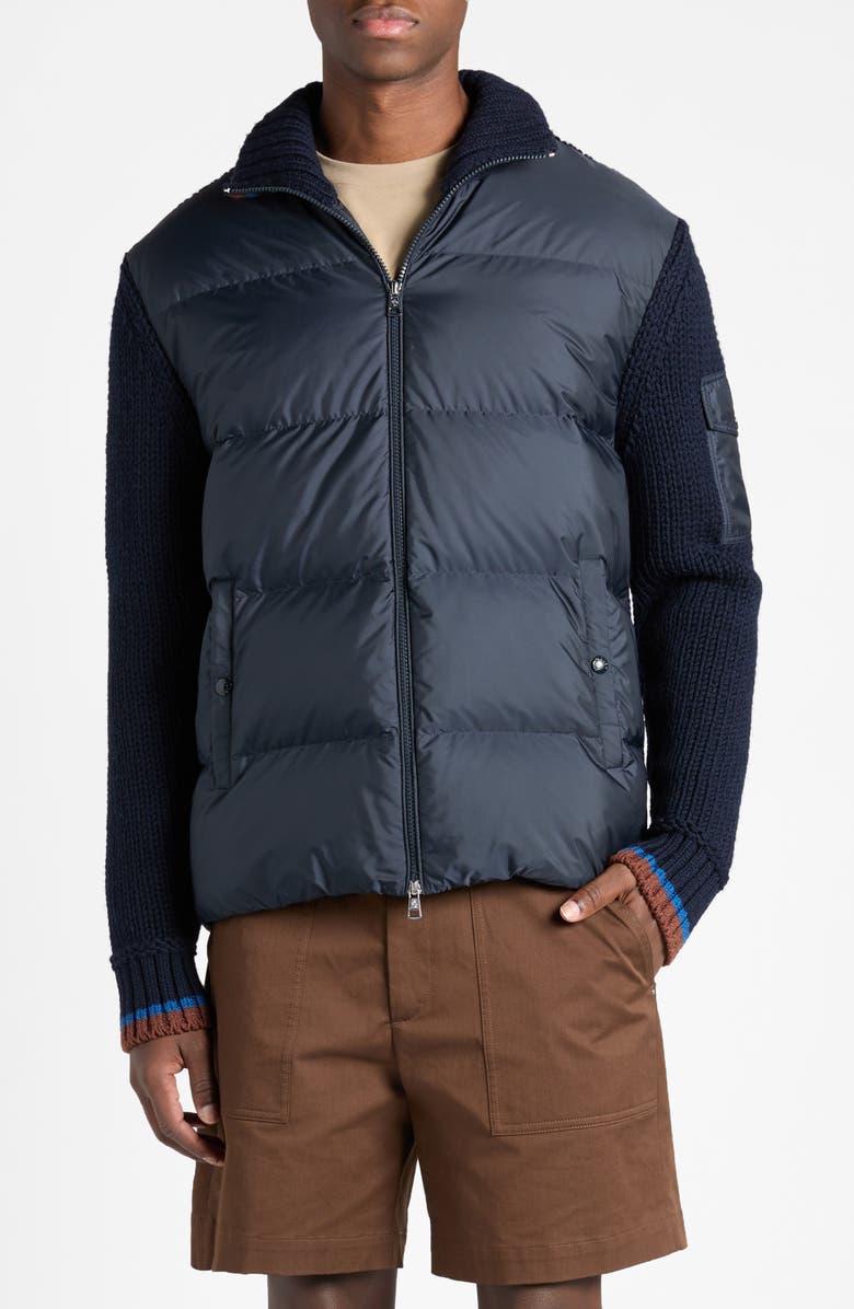 Moncler Quilted Down & Knit Cardigan, Main, color, Greyish Navy