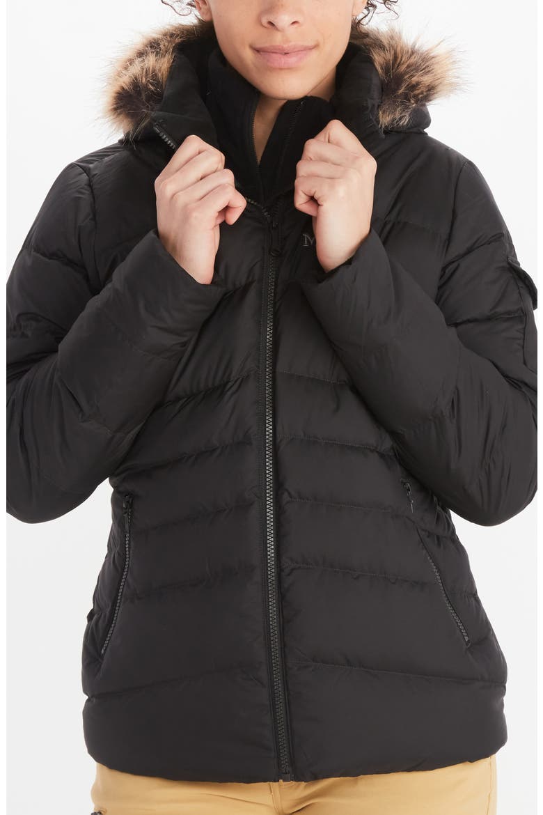 Ithaca 700 Fill Power Down Hooded Jacket with Faux Fur Trim, Main, color, BLACK