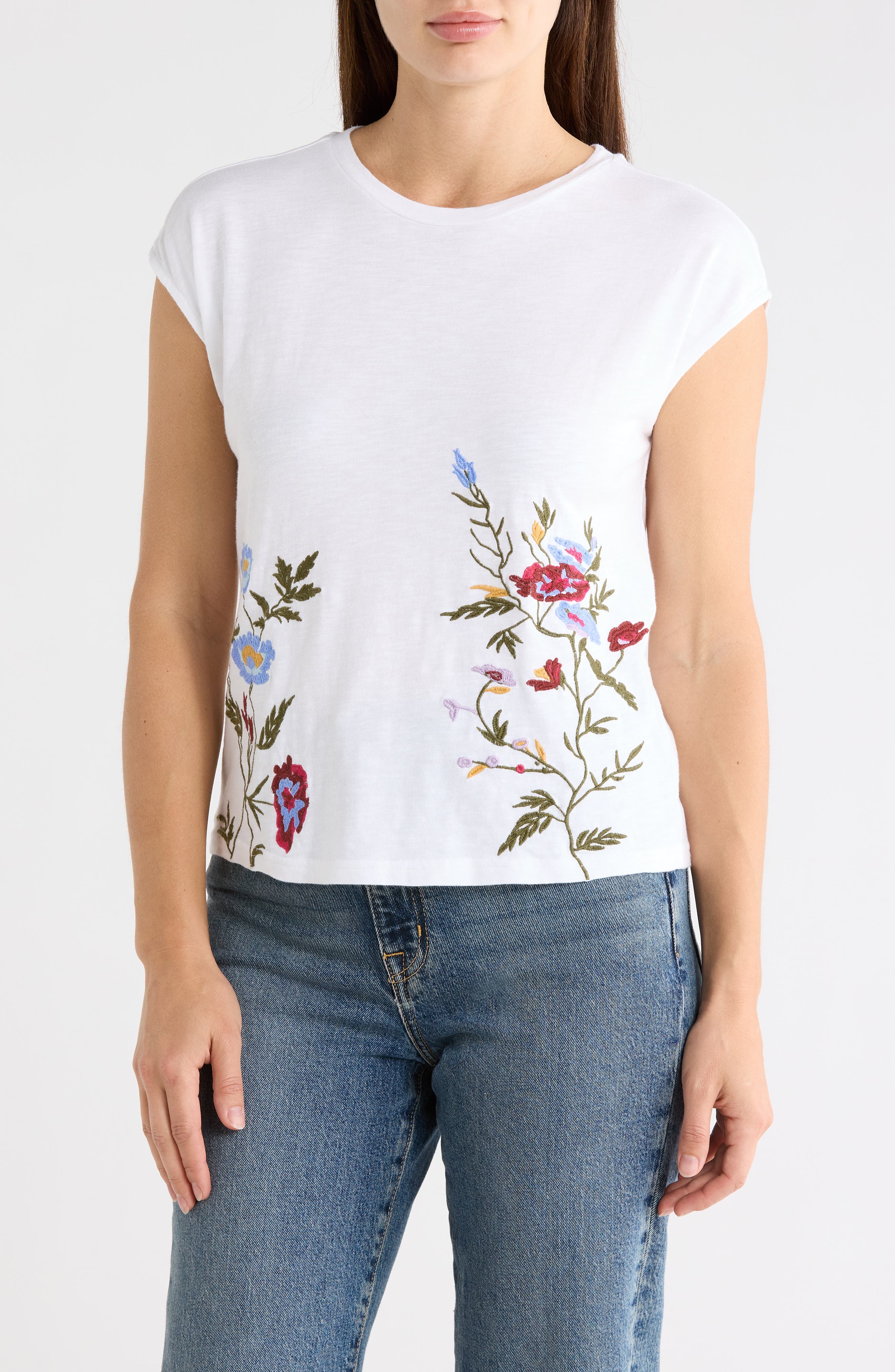 T Tahari Floral Embroidered Cap Sleeve Top