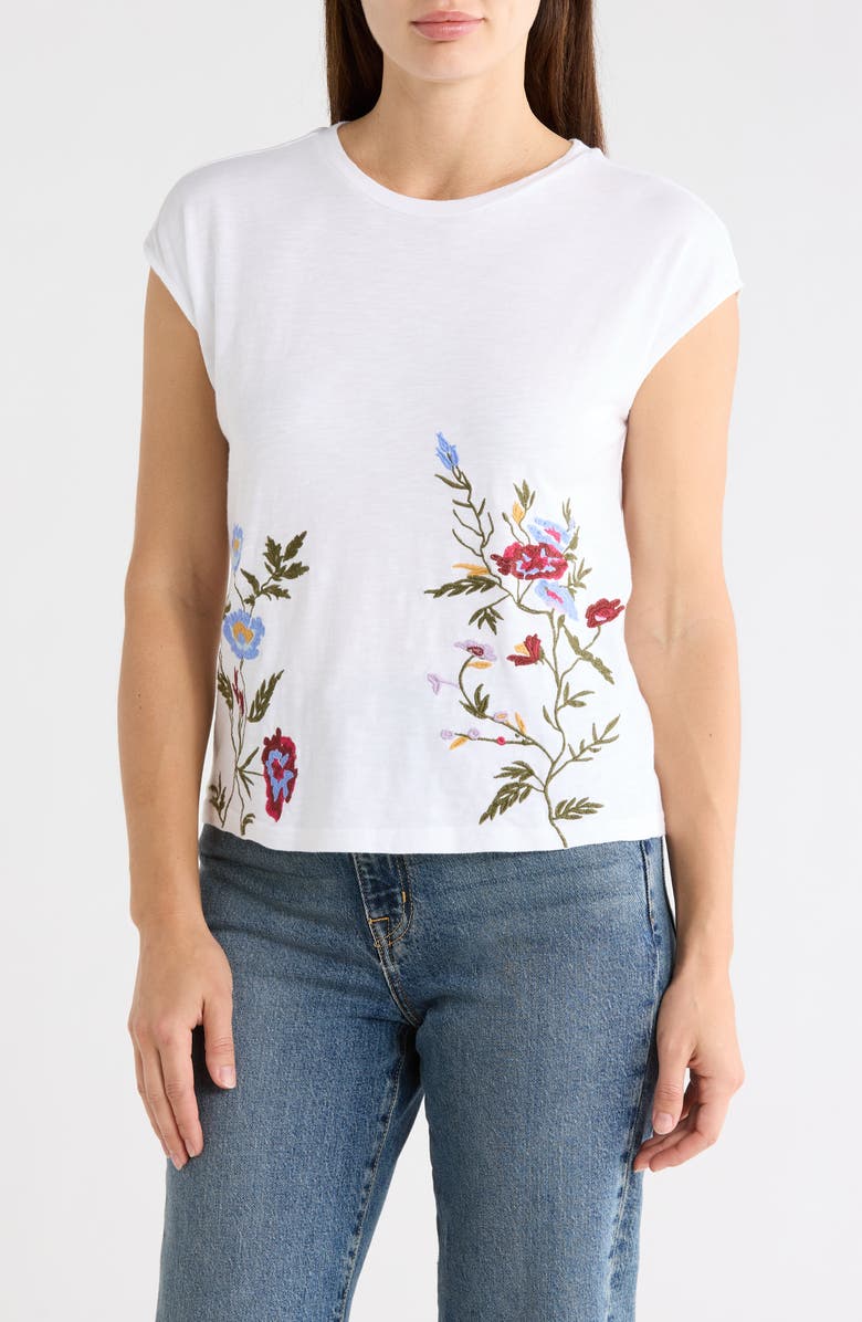 T Tahari Floral Embroidered Cap Sleeve Top, Main, color, White
