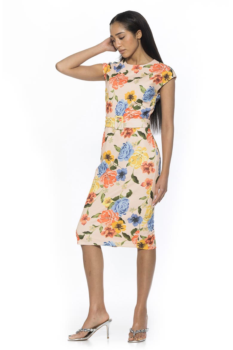 Cap Sleeve Belted Sheath Dress, Alternate, color, SAND FLORAL
