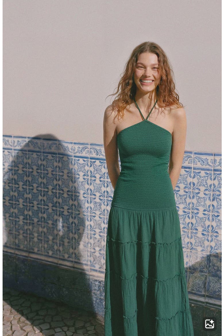 Smocked Cotton Gauze Halter Dress, Alternate, color, GREEN