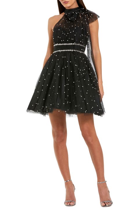 Pearl Embellished Tulle Tie Neck A Line Mini Dress