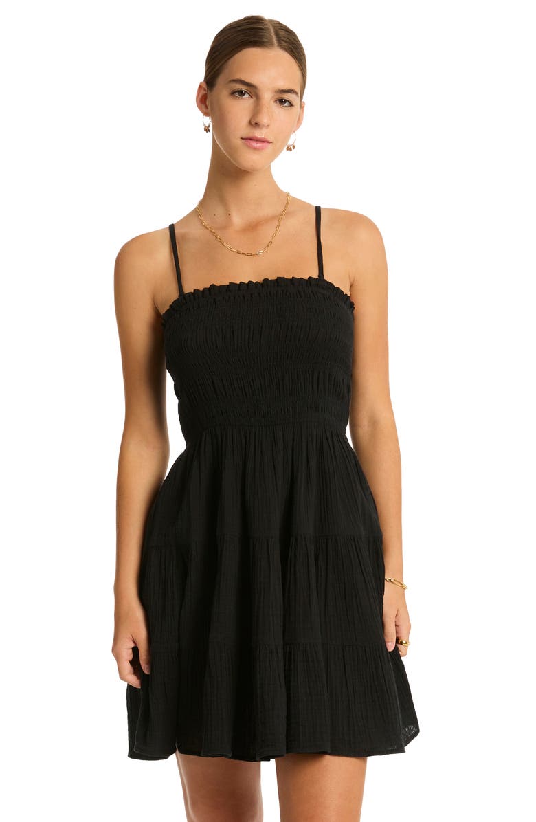 Sea Level Sunset Smocked Tiered Cover-Up Minidress, Alternate, color, Black