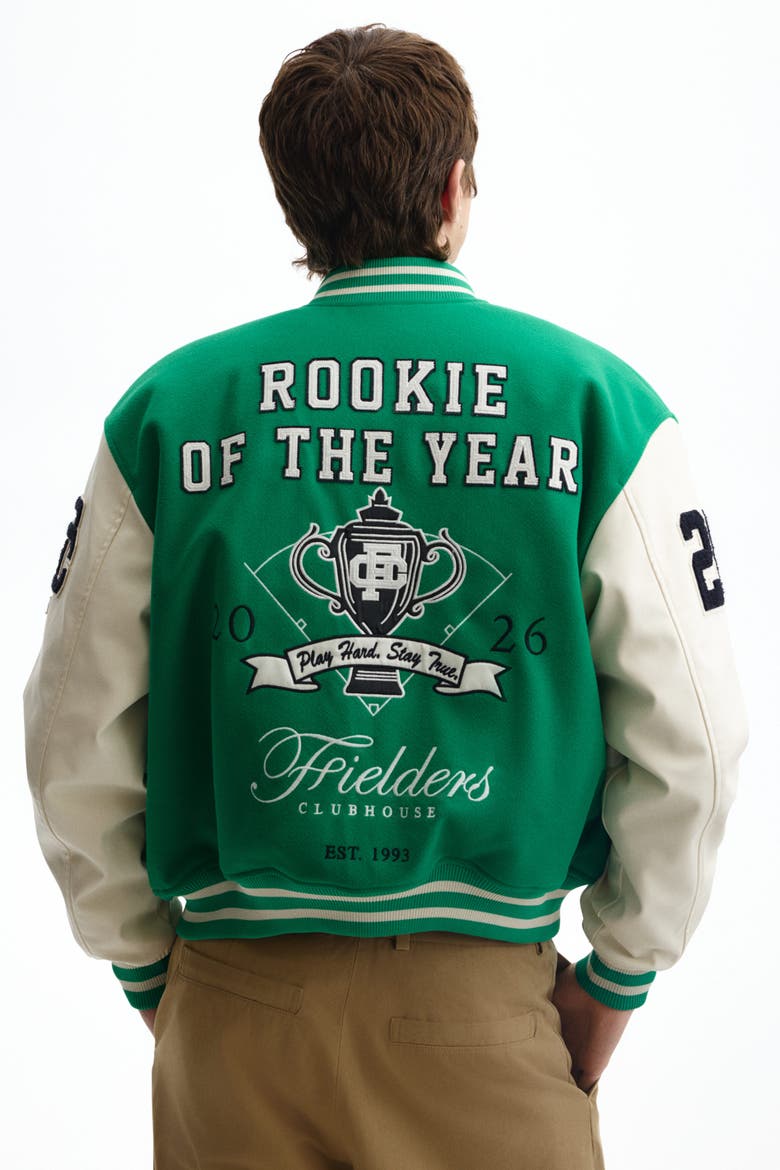 Motif-detail Baseball Jacket, Alternate, color, Green/Rookie of the Year