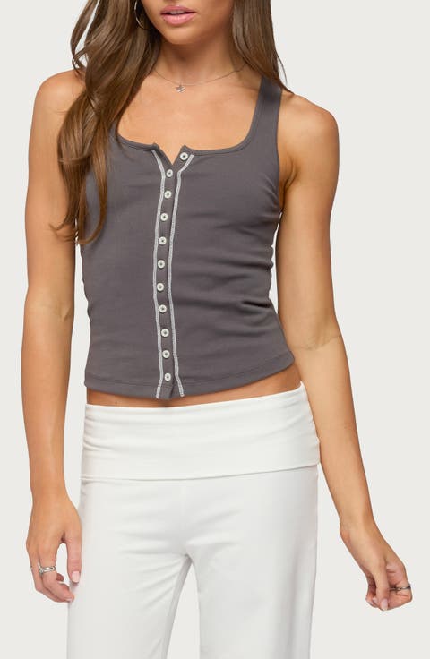 Contrast Button Up Ribbed Tank