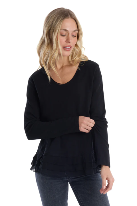 V-Neck Mixed Media Long Sleeve Tee With Ruffle Hem
