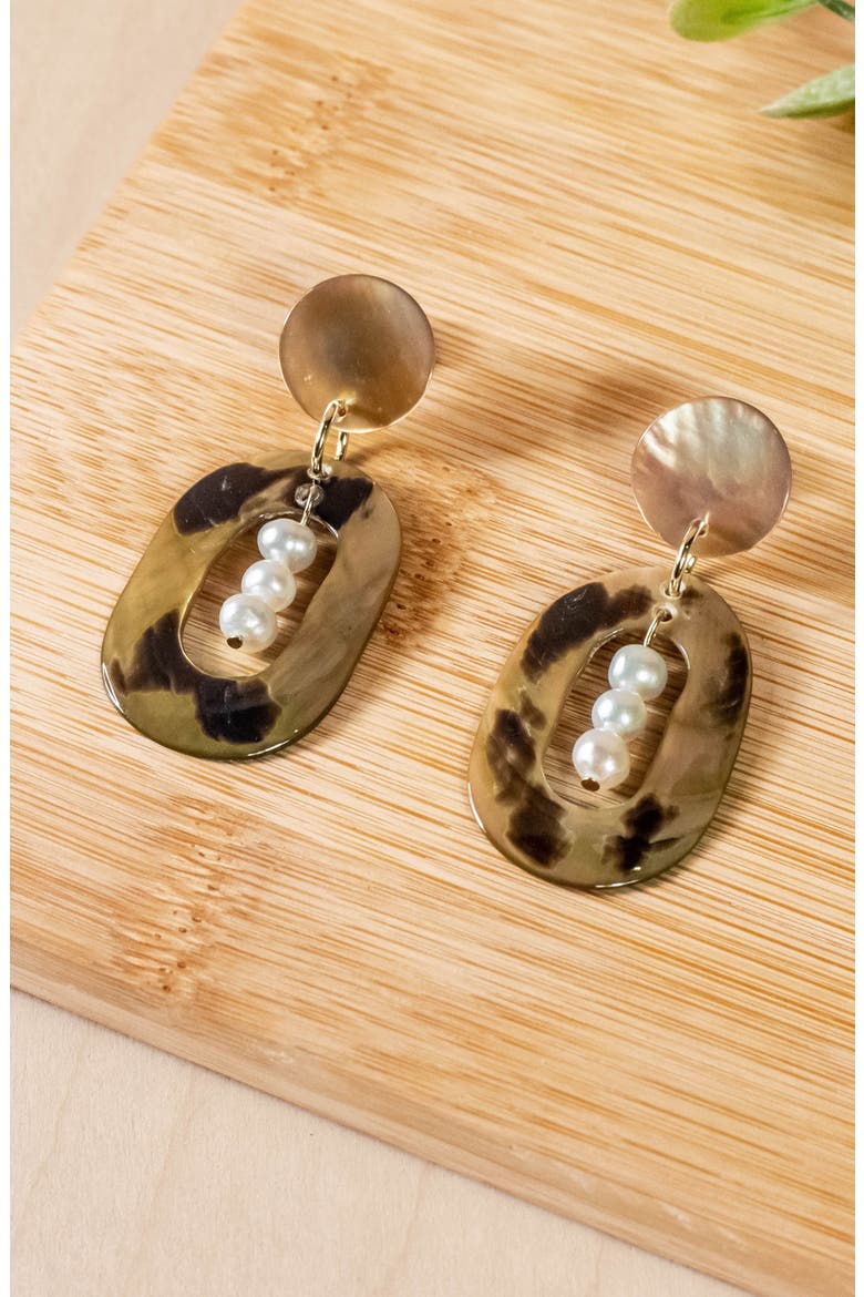 Mother-of-Pearl Oval Dangle Earrings with Inner Pearls, Alternate, color, Brown