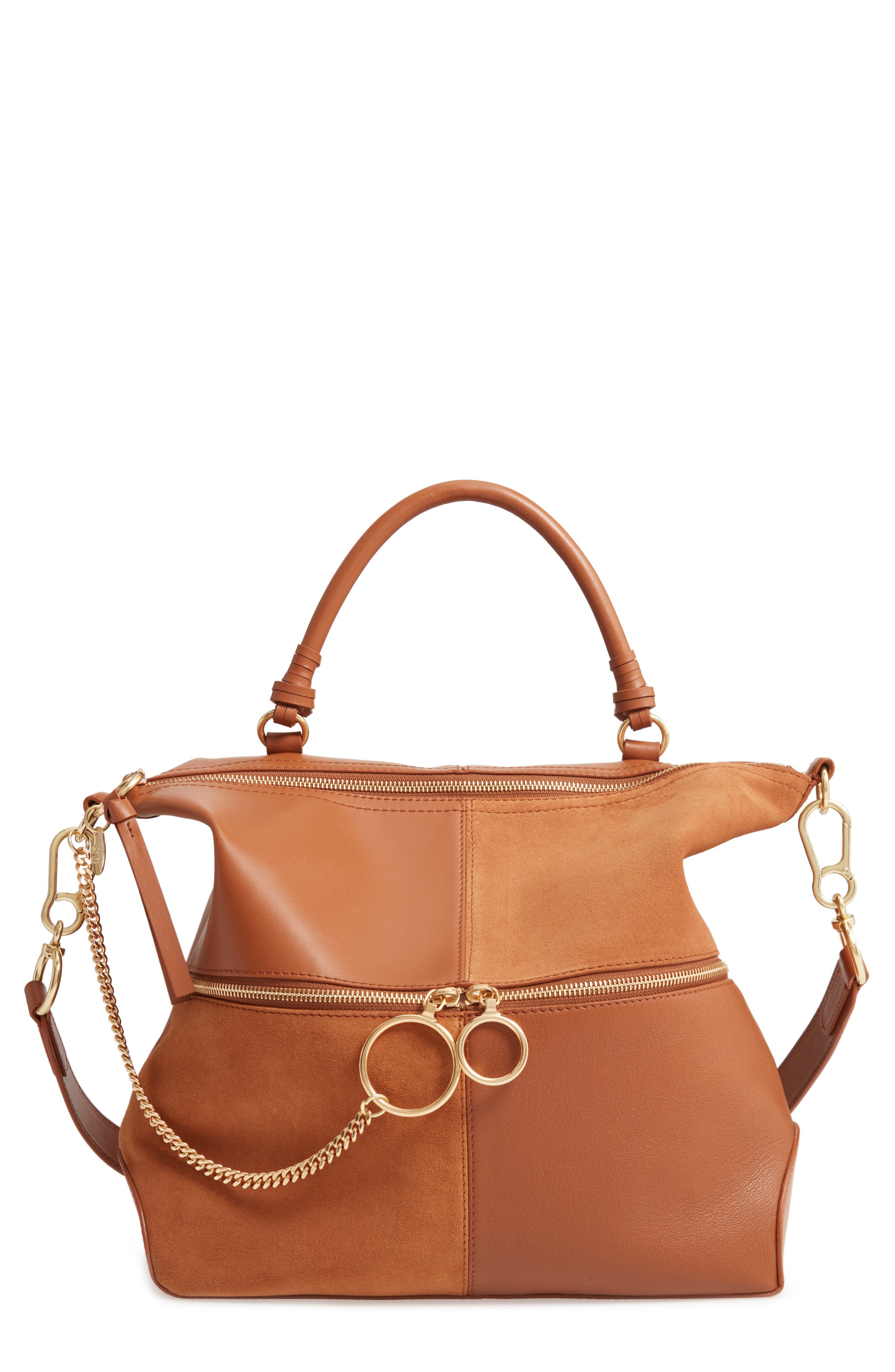 Emy Suede & Leather Satchel, Main, color, CARAMELLO
