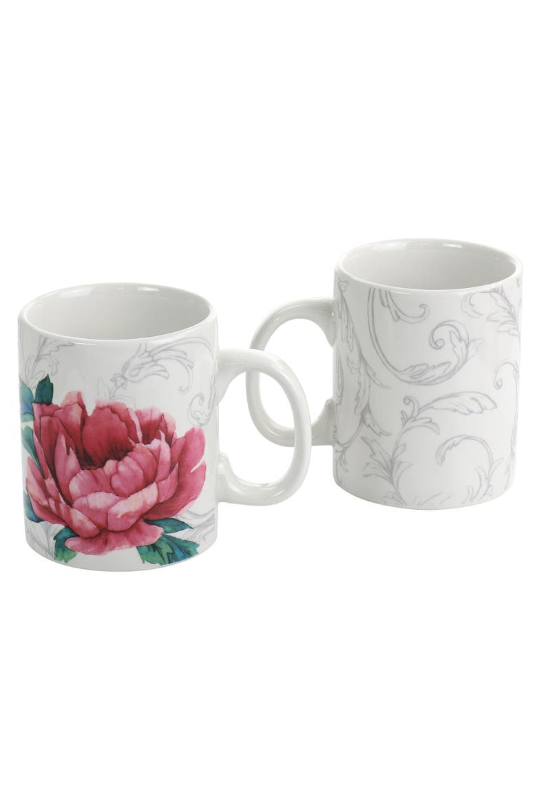 Peony 4 Piece 16 Ounce Fine Ceramic Mug Set in, Alternate, color, White and Pink