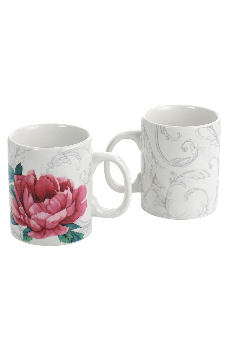 MARTHA STEWART Peony 4 Piece 16 Ounce Fine Ceramic Mug Set in, Alternate, color, White And Pink
