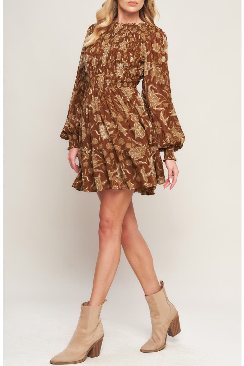 Floral Smocked Long Sleeve Minidress, Alternate, color, BROWN