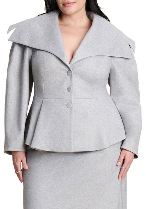 Wide Collar Peplum Heathered Jacket (Plus)