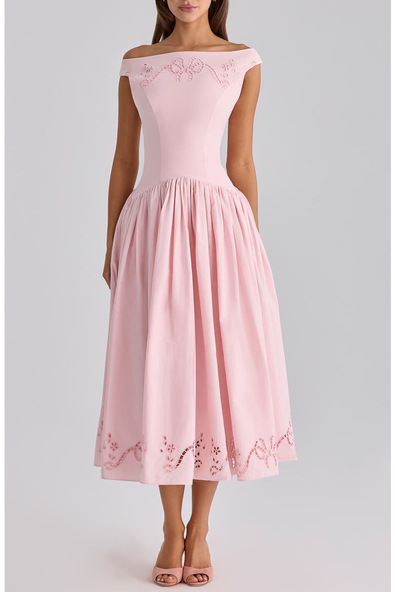 Lauren Off the Shoulder Eyelet Cotton Midi Dress, Main, color, PINK