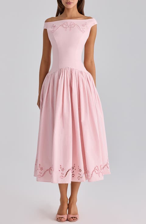 Lauren Off the Shoulder Eyelet Cotton Midi Dress