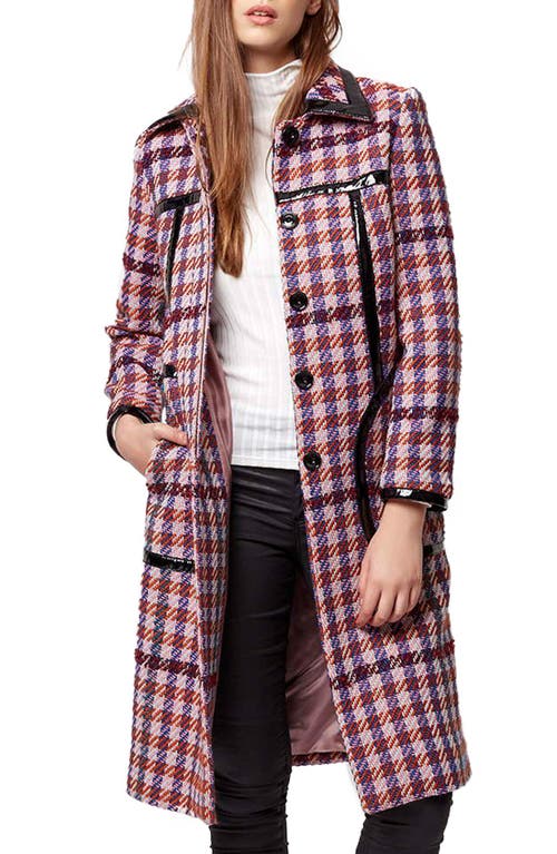 Topshop Vinyl Trim Check Coat In Multi
