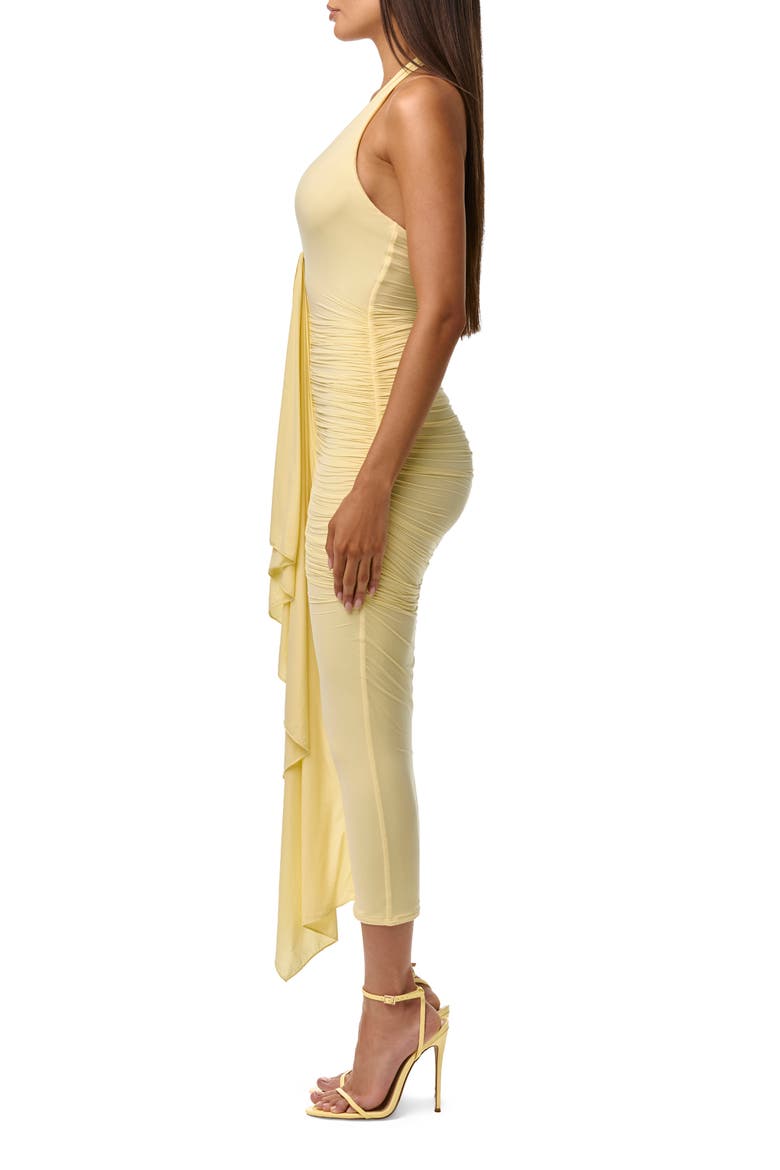 Plunge Halter Neck Center Ruched Body-Con Midi Dress, Alternate, color, LEMONADE