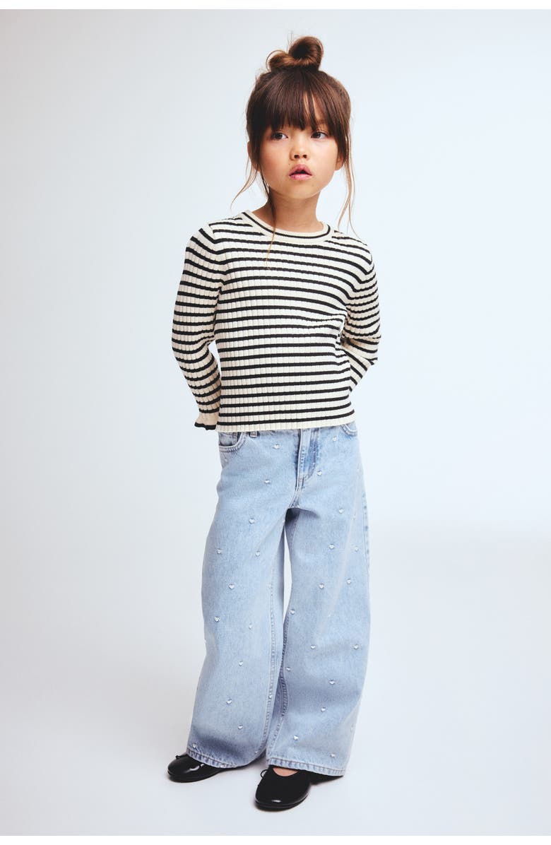 H&M Motif-detail Wide Leg Jeans, Main, color, Light Denim Blue/Hearts