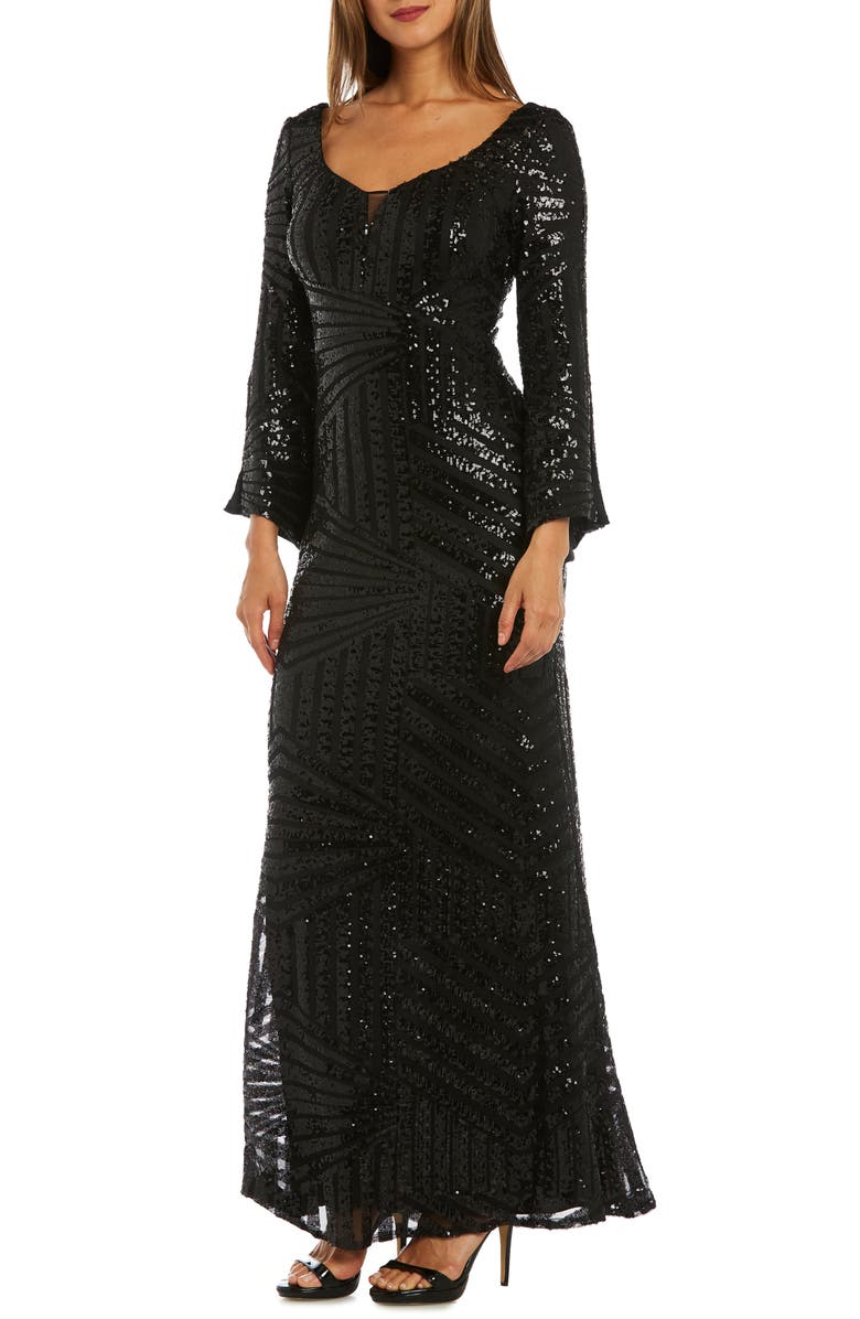 Morgan & Co. Sequin Bell Sleeve Gown, Main, color,