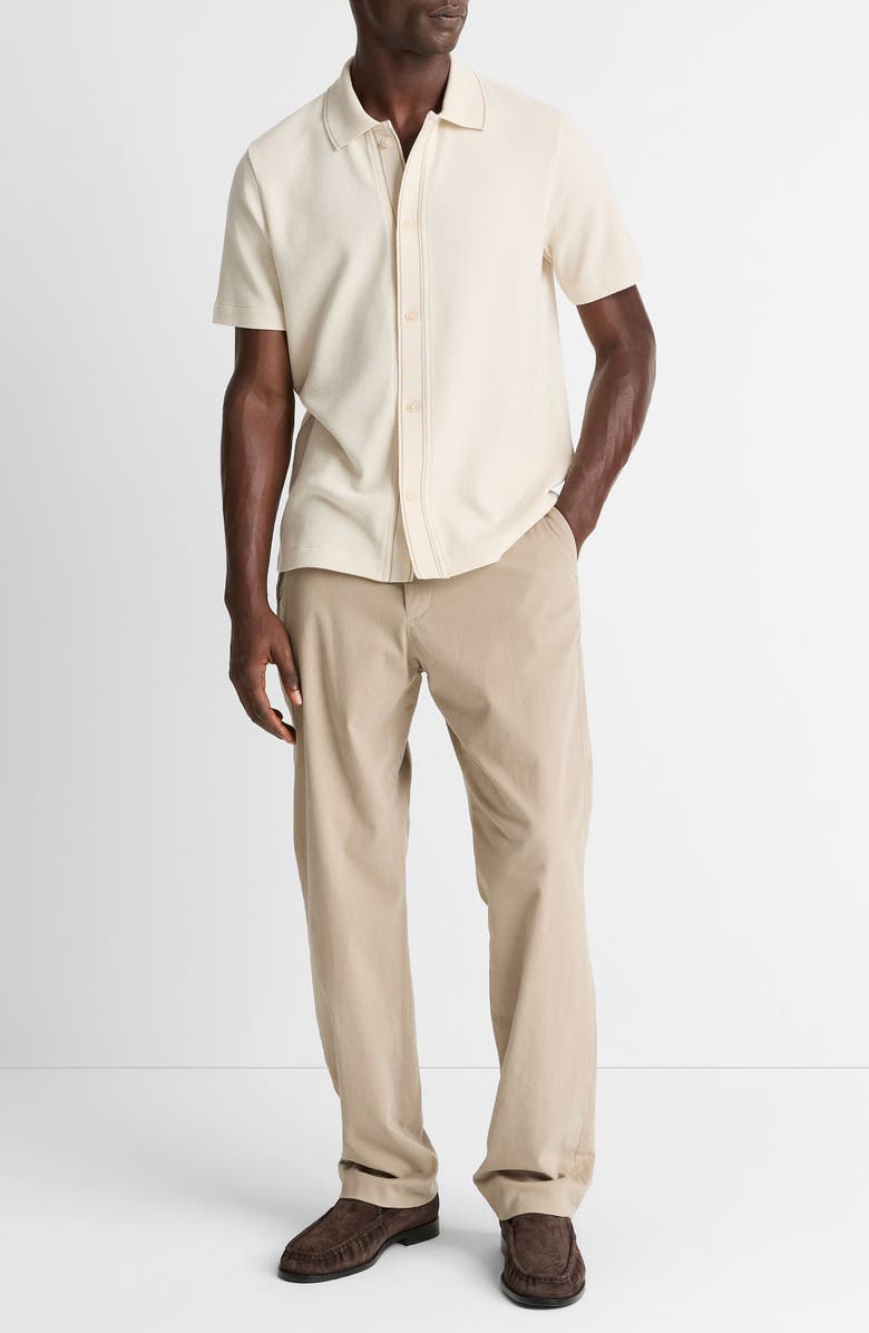 Vince Short Sleeve Jacquard Cotton Knit Button-Up Shirt, Alternate, color, Bone/ River Sand