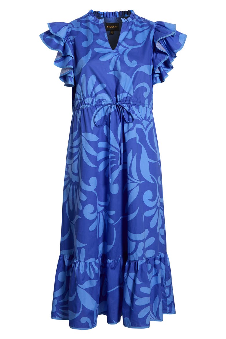 Emidora Floral Kiny Flutter Sleeve Cotton Midi Dress, Alternate, color, NAVY-BLUE
