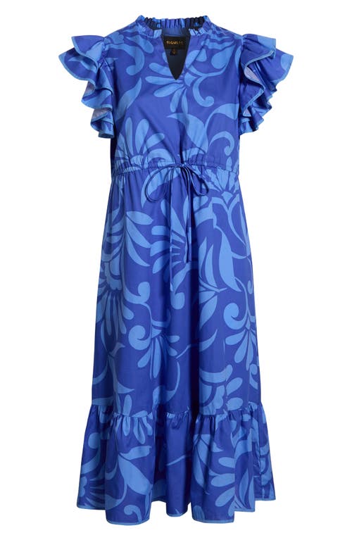 Sugarlips Emidora Floral Kiny Flutter Sleeve Cotton Midi Dress In Blue