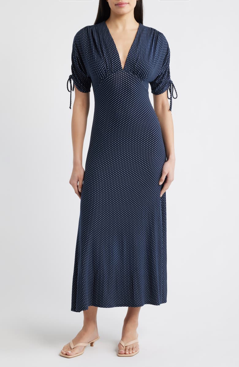 Loveappella Ruched Sleeve Empire Waist Maxi Dress, Main, color, Navy