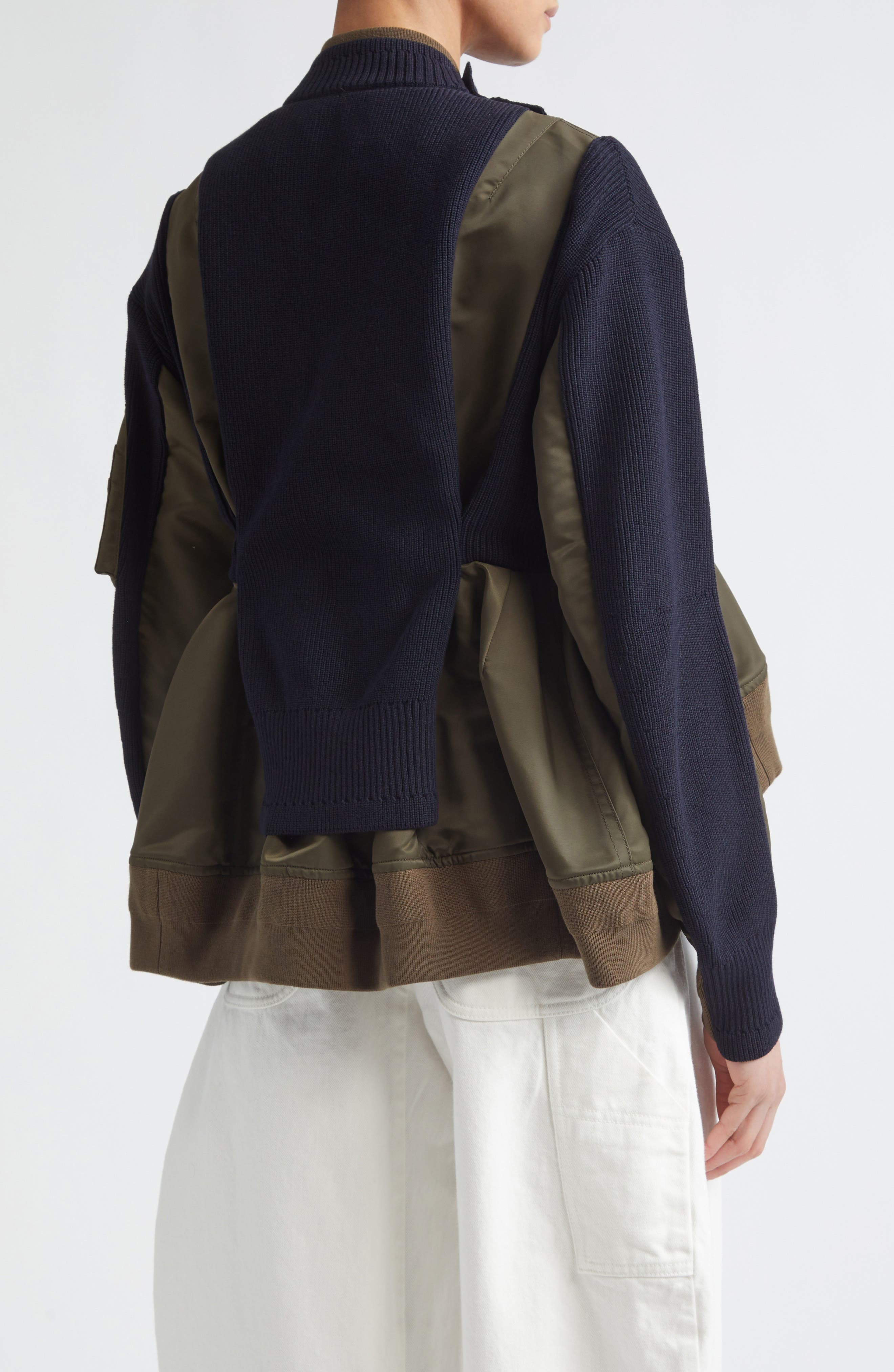 Mixed Media Bomber Jacket with Sweater Bib Overlay - image 4