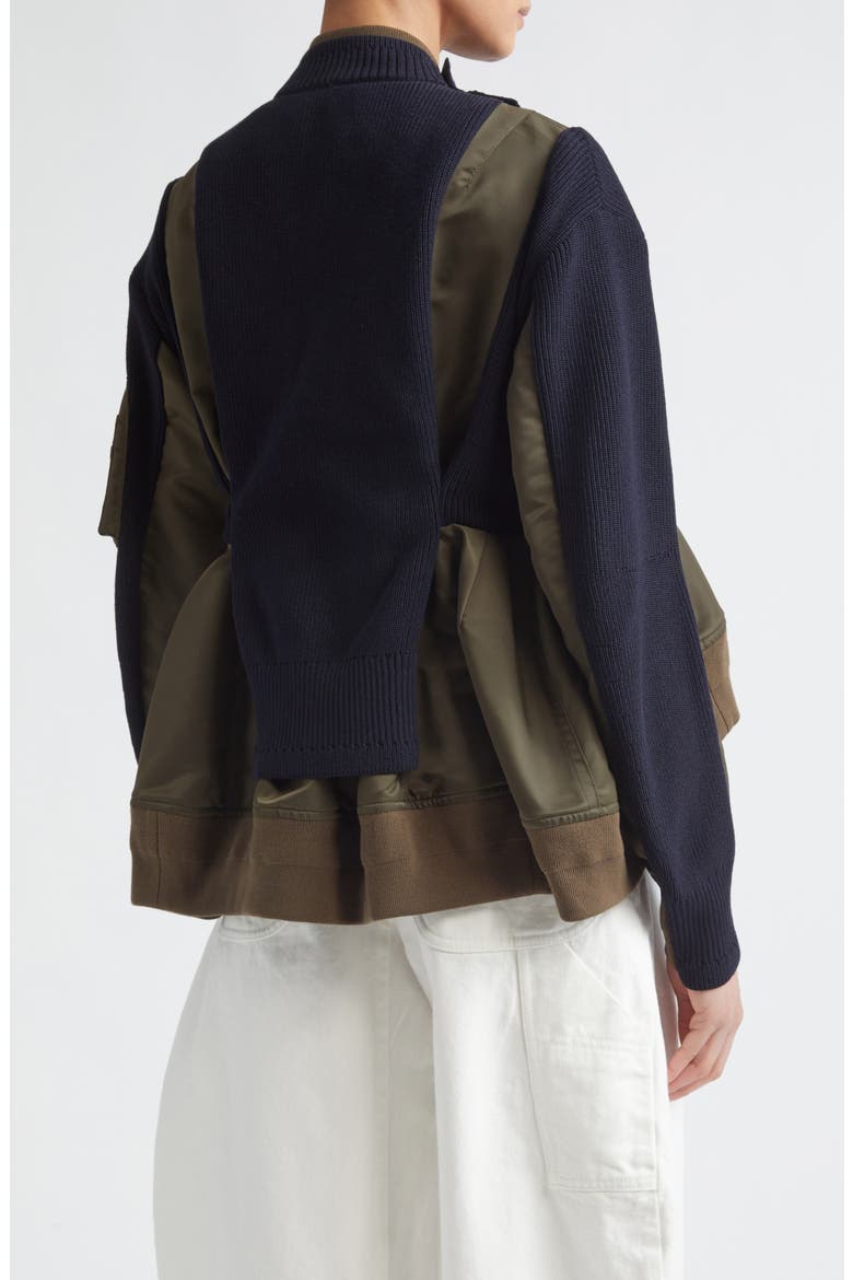 Mixed Media Bomber Jacket with Sweater Bib Overlay, Alternate, color, DARK KHAKI/ NAVY