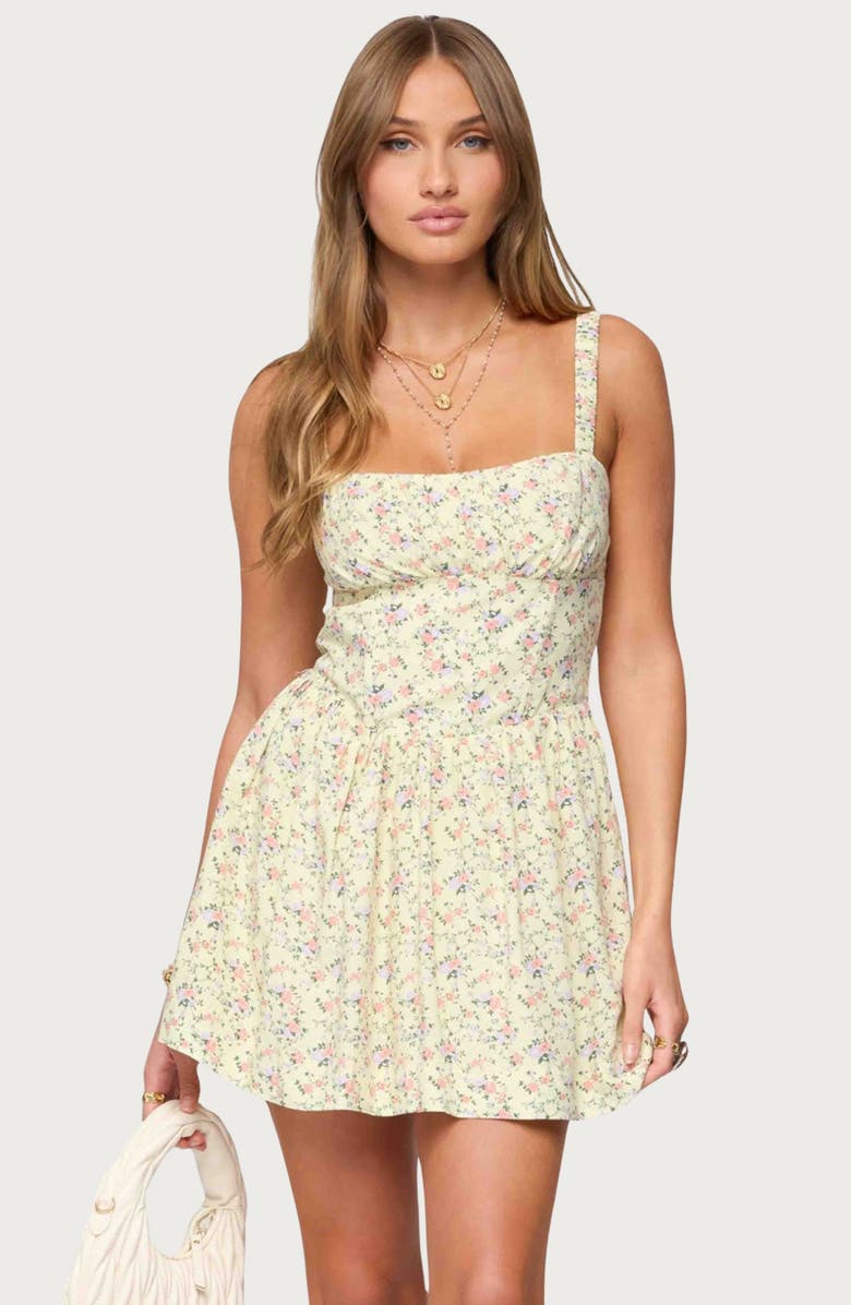 EDIKTED Sadee Ruched Floral Fit & Flare Minidress, Alternate, color, Yellow