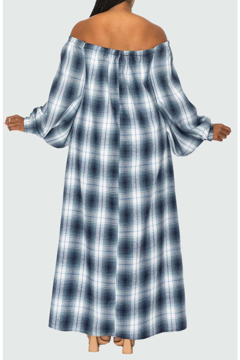 Zoe Plaid Long Sleeve Off the Shoulder Maxi Dress, Alternate, color, NAVY