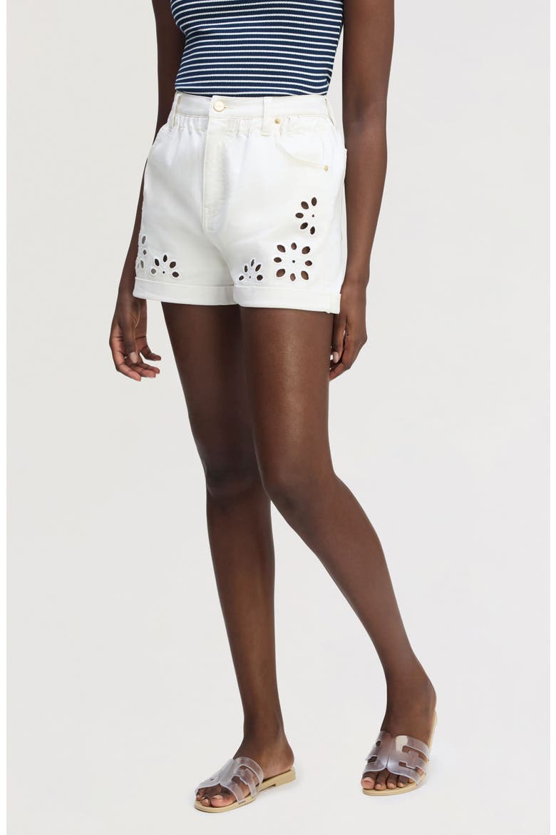 Embroidered Eyelet Paperbag Waist Denim Shorts, Alternate, color, ECRU