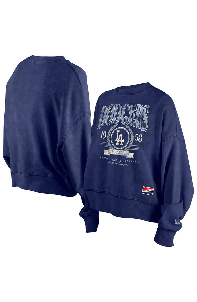 New Era Women's New Era  Navy Los Angeles Dodgers Throwback Boxy Enzyme Wash Fleece Crewneck Pullover, Alternate, color, 