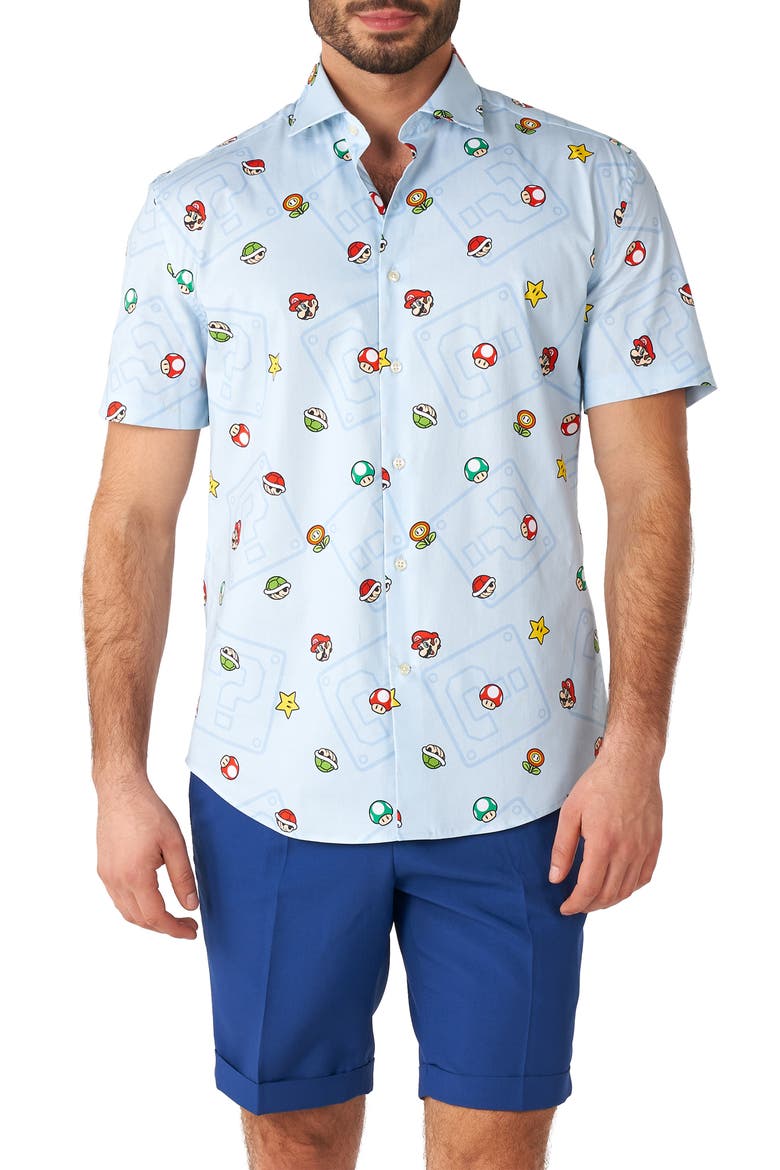 Super Mario™ Stretch Short Sleeve Button-Up Shirt, Main, color, BLUE
