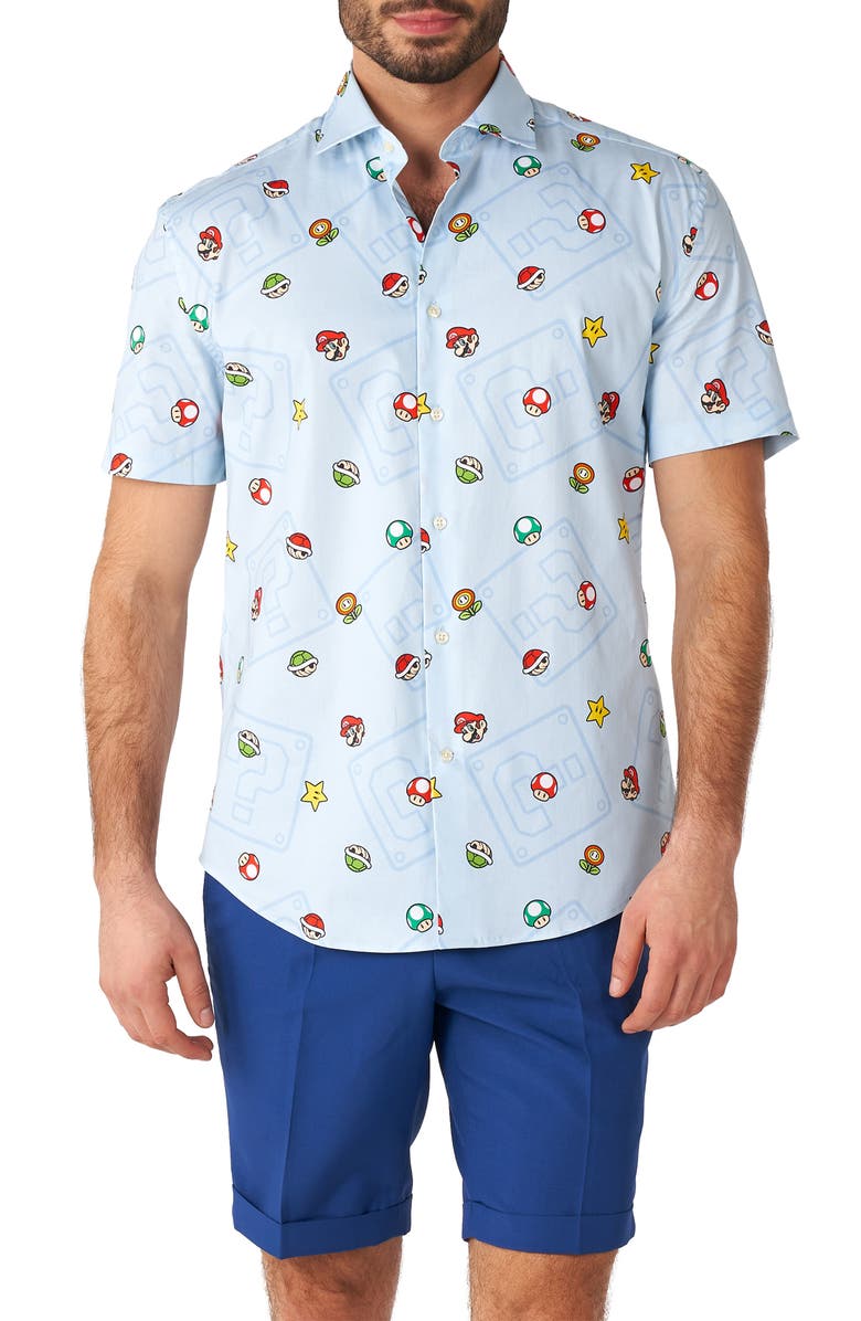 OppoSuits Super Mario<sup>™</sup> Stretch Short Sleeve Button-Up Shirt, Main, color, Blue
