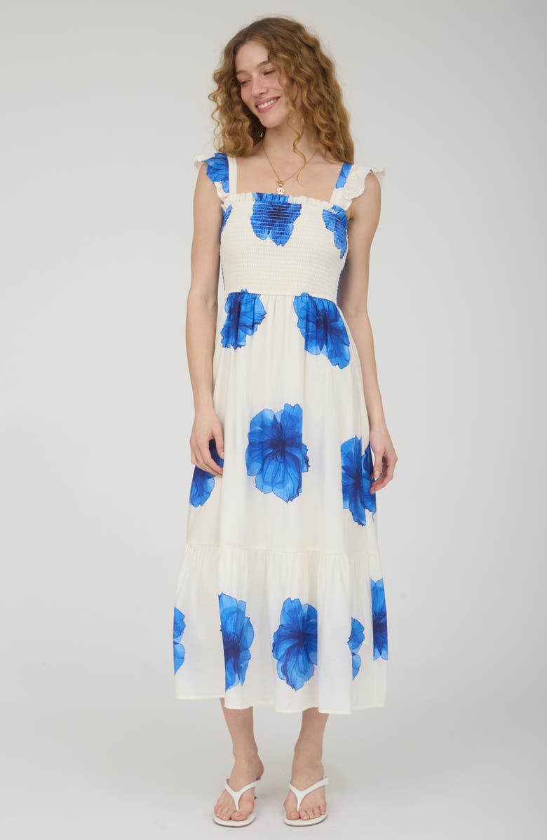 AUGUST SKY Ruffle Strap Smocked Midi Dress, Alternate, color, Blue/ Ivory