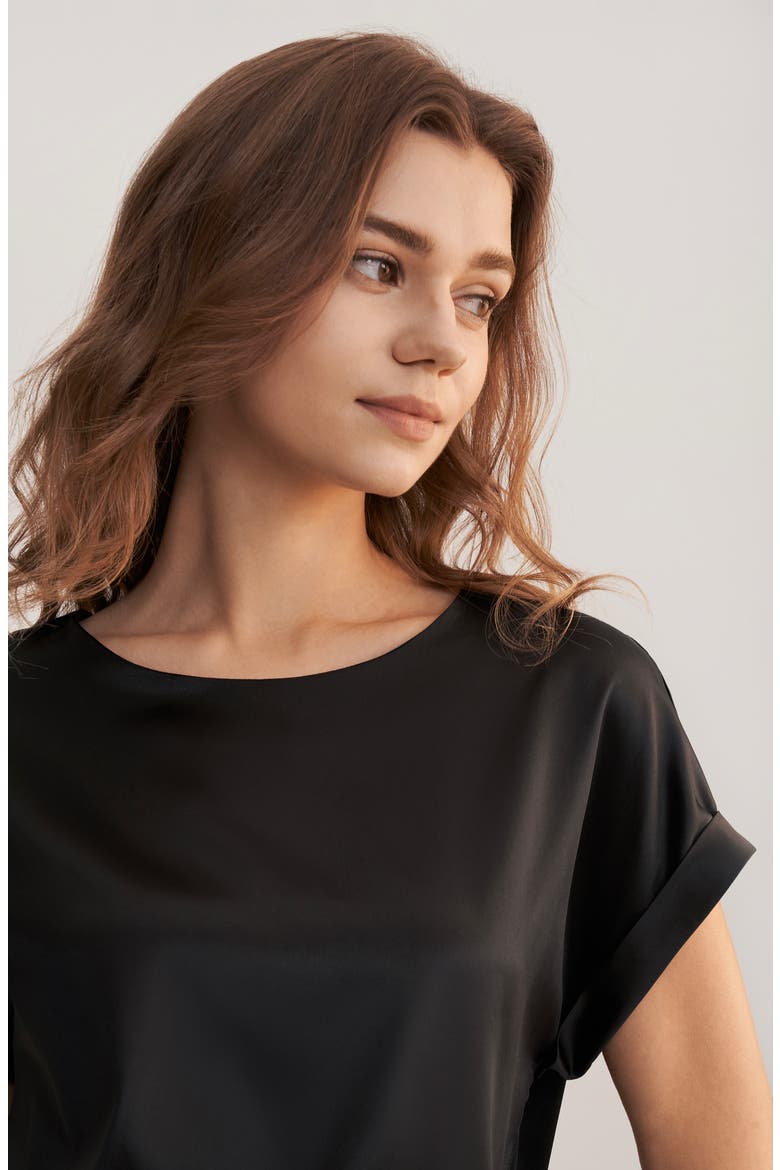 Women's Short Sleeves Round Neck Silk Tee, Alternate, color, Black