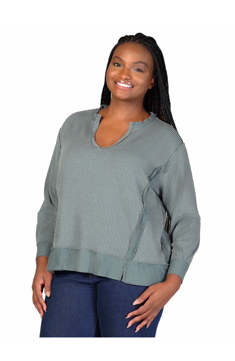 24seven Comfort Apparel Relaxed Fit Ribbed Knit V-Neck Sweatshirt Top, Alternate, color, Green
