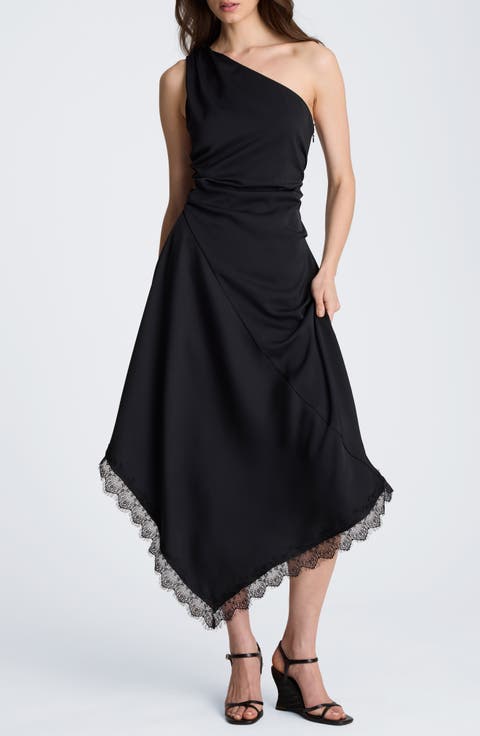 One-Shoulder Lace Hem Asymmetric Dress