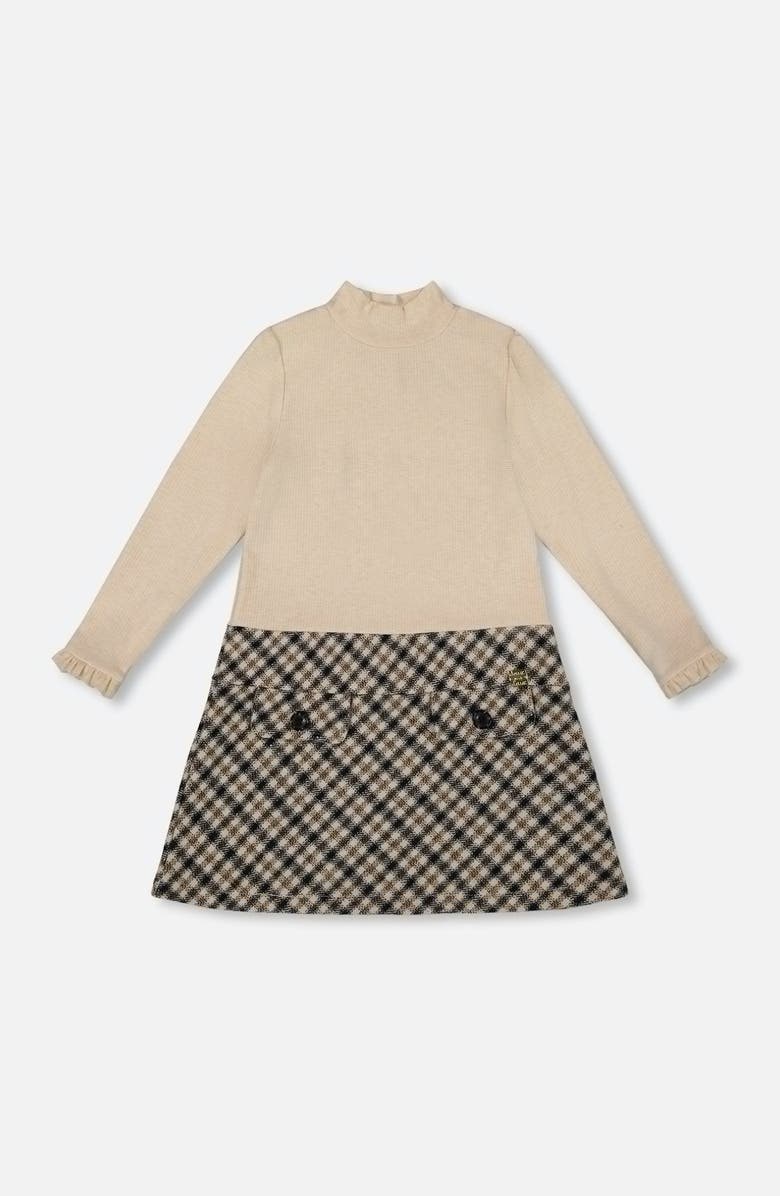 Deux par Deux Long Sleeve Bi-Material Mock Neck Dress and Plaid, Main, color,