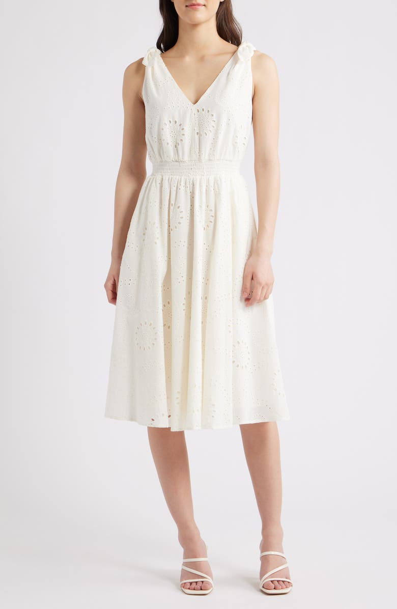 Anne Klein Bow Shoulder Cotton Eyelet Sundress, Main, color, Pearl White
