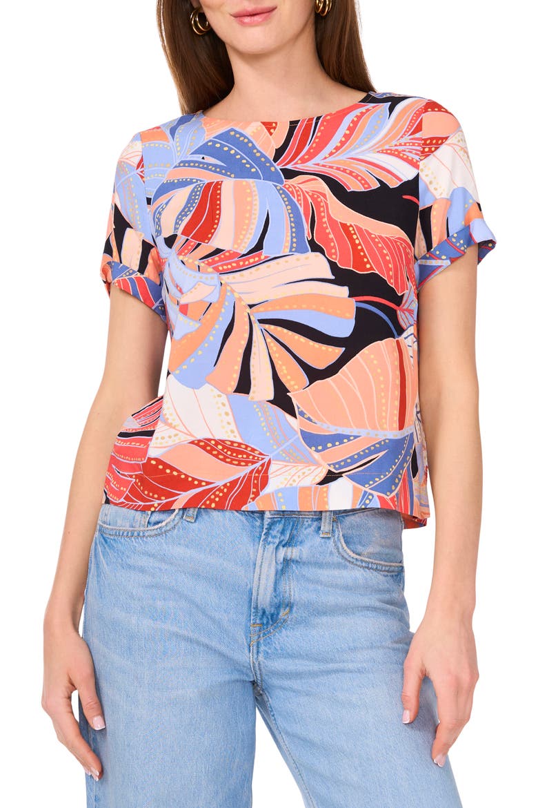 Palm Print Rolled Cuff Top, Main, color, SERENE SKY
