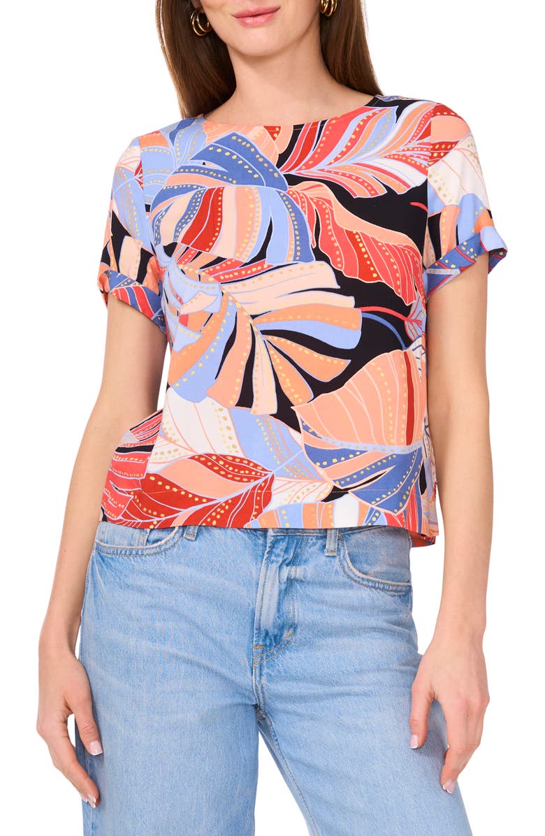 Vince Camuto Palm Print Rolled Cuff Top, Main, color, 