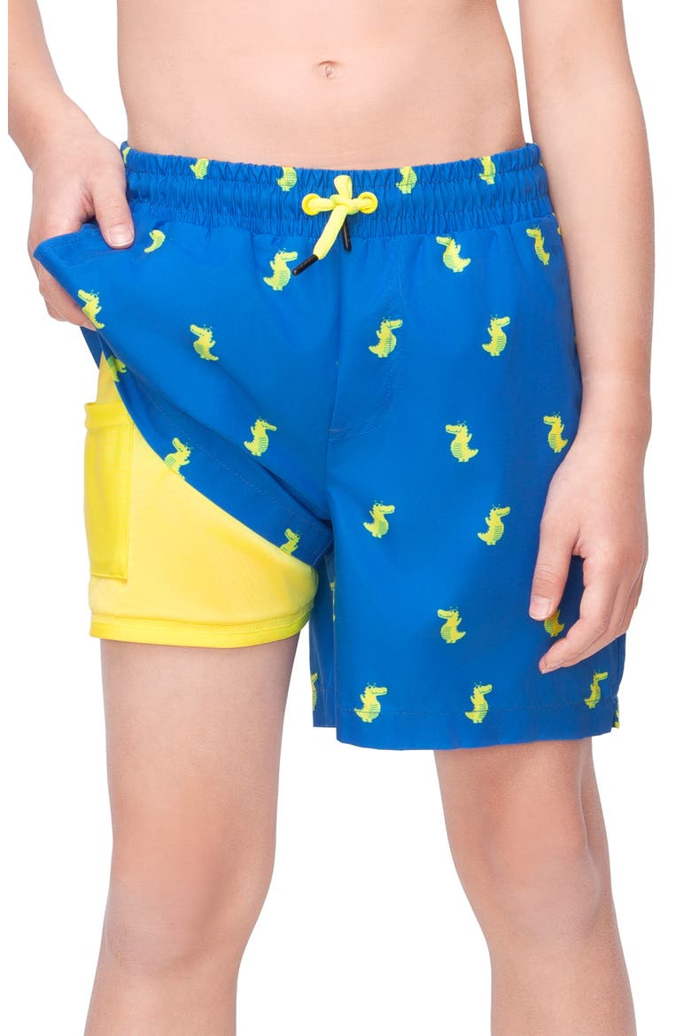Kids' Print Swim Trunks with Compression Liner UPF 50+, Alternate, color, Blue Crocodile Print