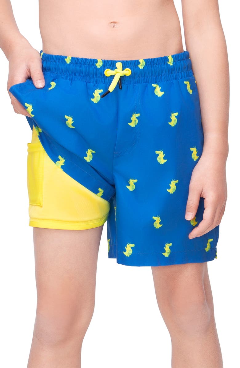 Rokka&Rolla Kids' Print Swim Trunks with Compression Liner UPF 50+, Alternate, color, Blue Crocodile Print