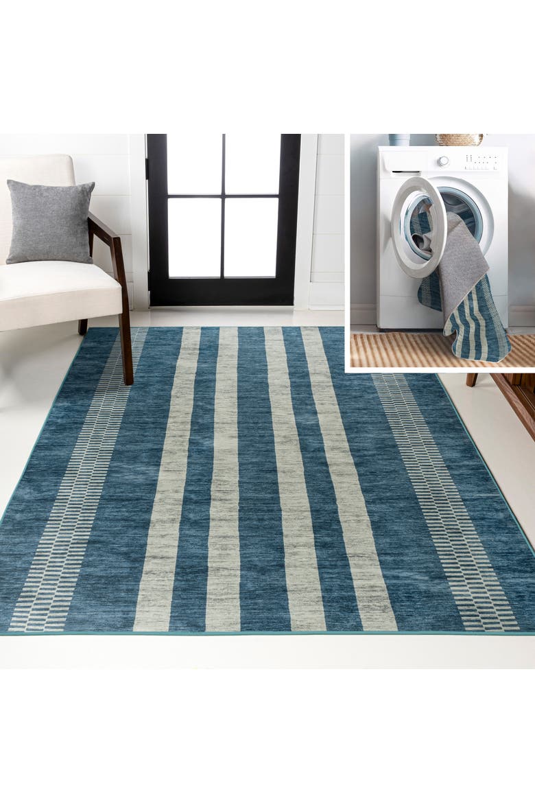 Vichy Geometric Striped Machine-Washable Area Rug, Main, color, Blue/Cream