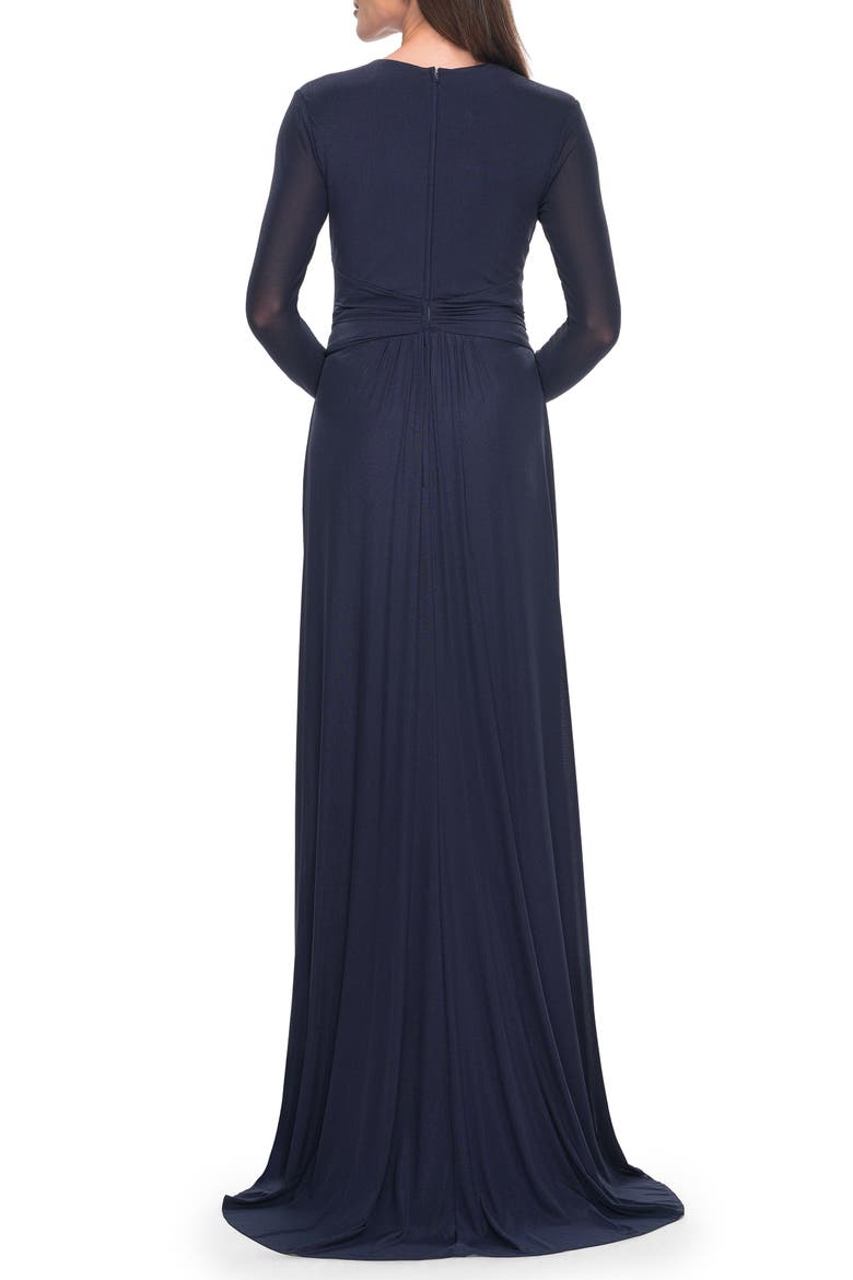 Long Sleeve Jersey Evening Dress with Ruching Detail, Alternate, color, Navy