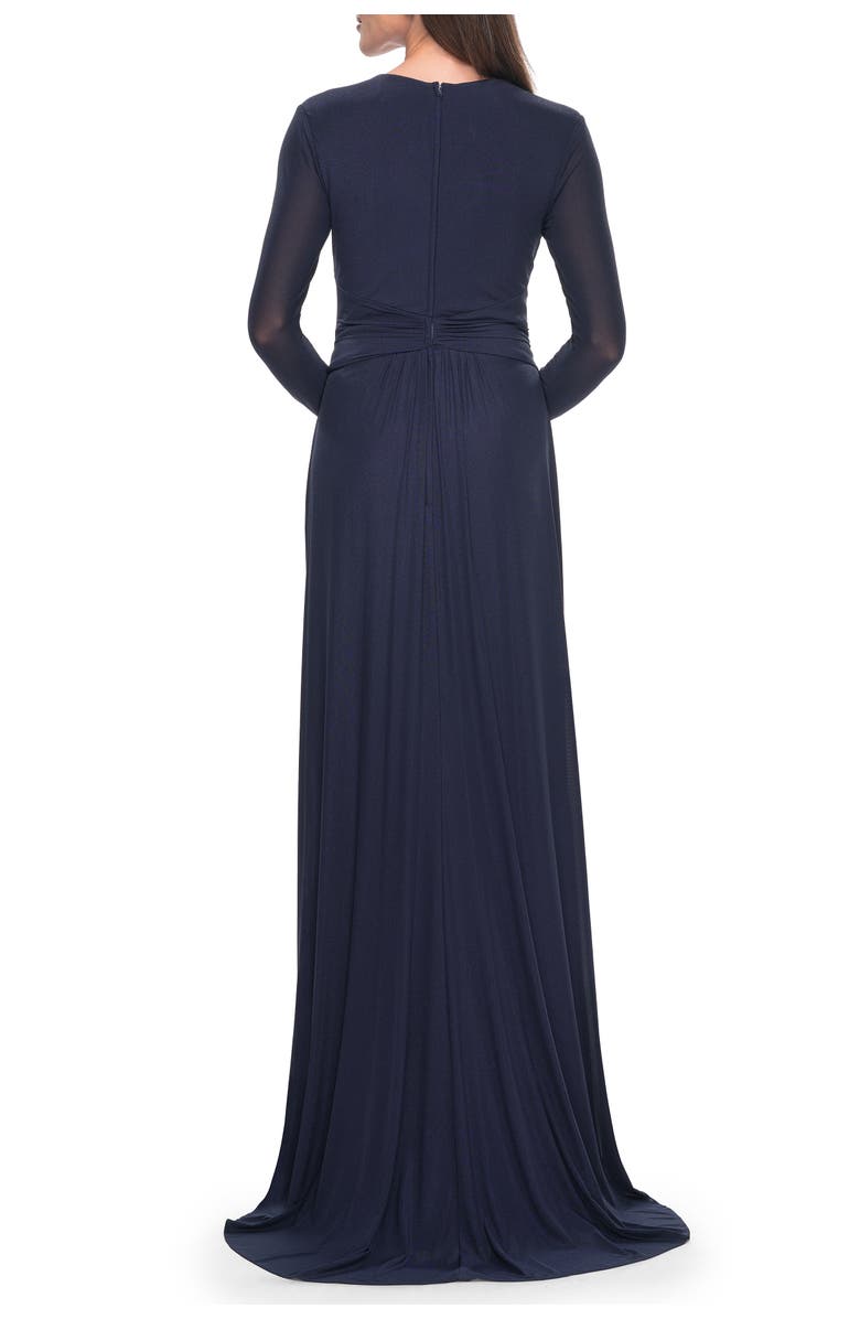 La Femme Long Sleeve Jersey Evening Dress with Ruching Detail, Alternate, color, Navy